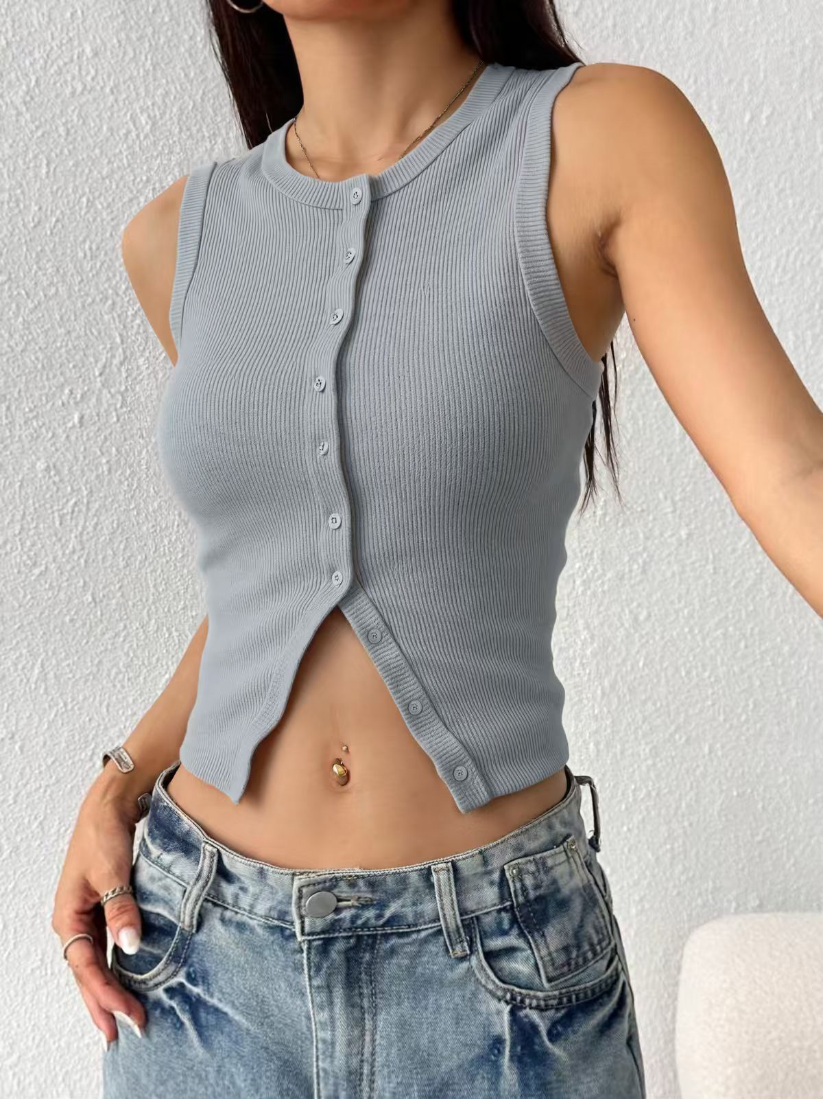 เสื้อกล้ามผ้าถักลายริบสำหรับผู - Tank Top Ribbed บทวิจารณ์และราคา